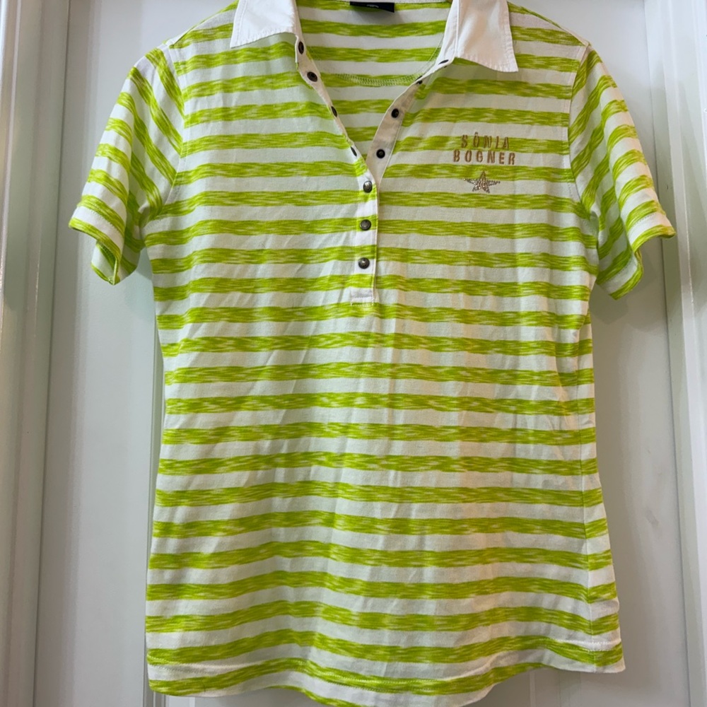 Bogner Green and White Striped Polo Top